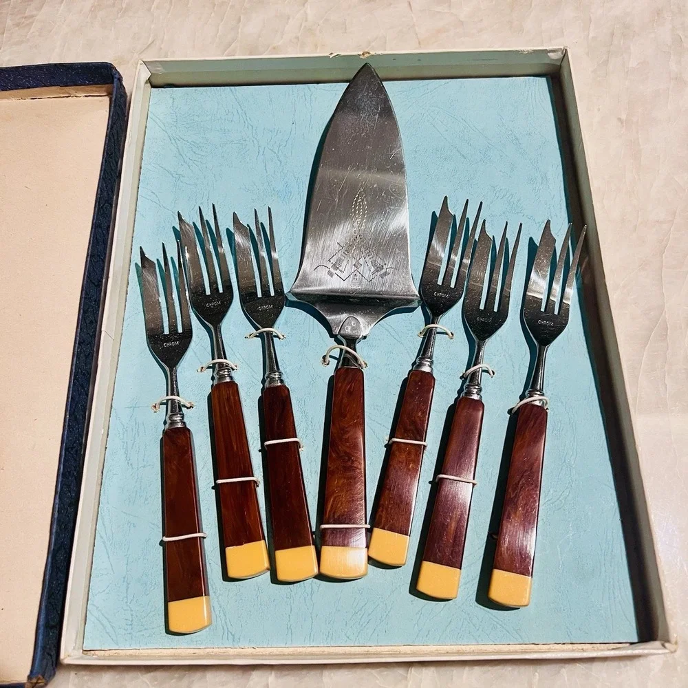 Vintage German Bakelite Cake Forks Server Set 7pc CHROM Art Deco Boxed